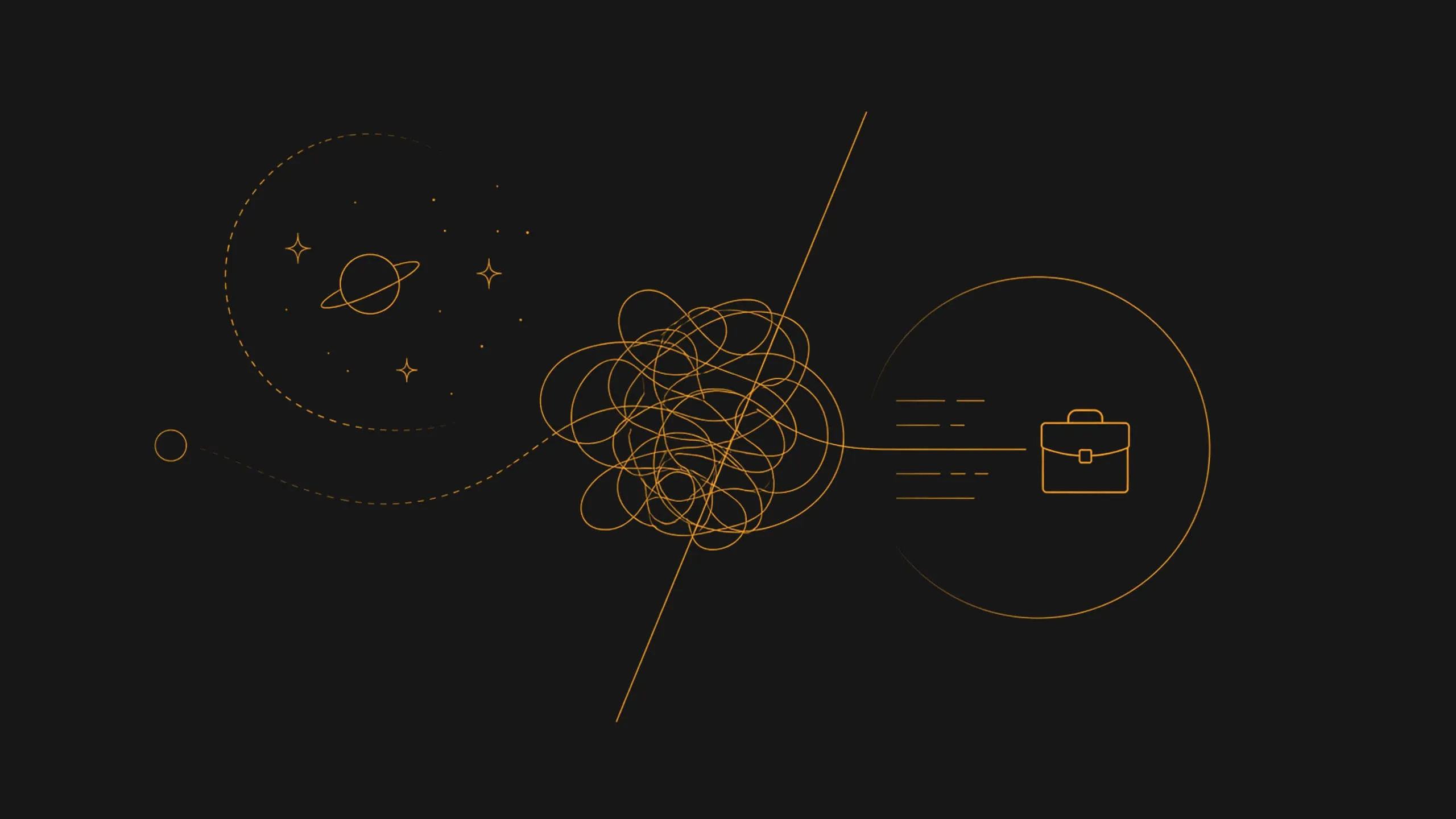 Line drawing of a film reel with an arrow pointing straight into a densely tangled knot of lines.