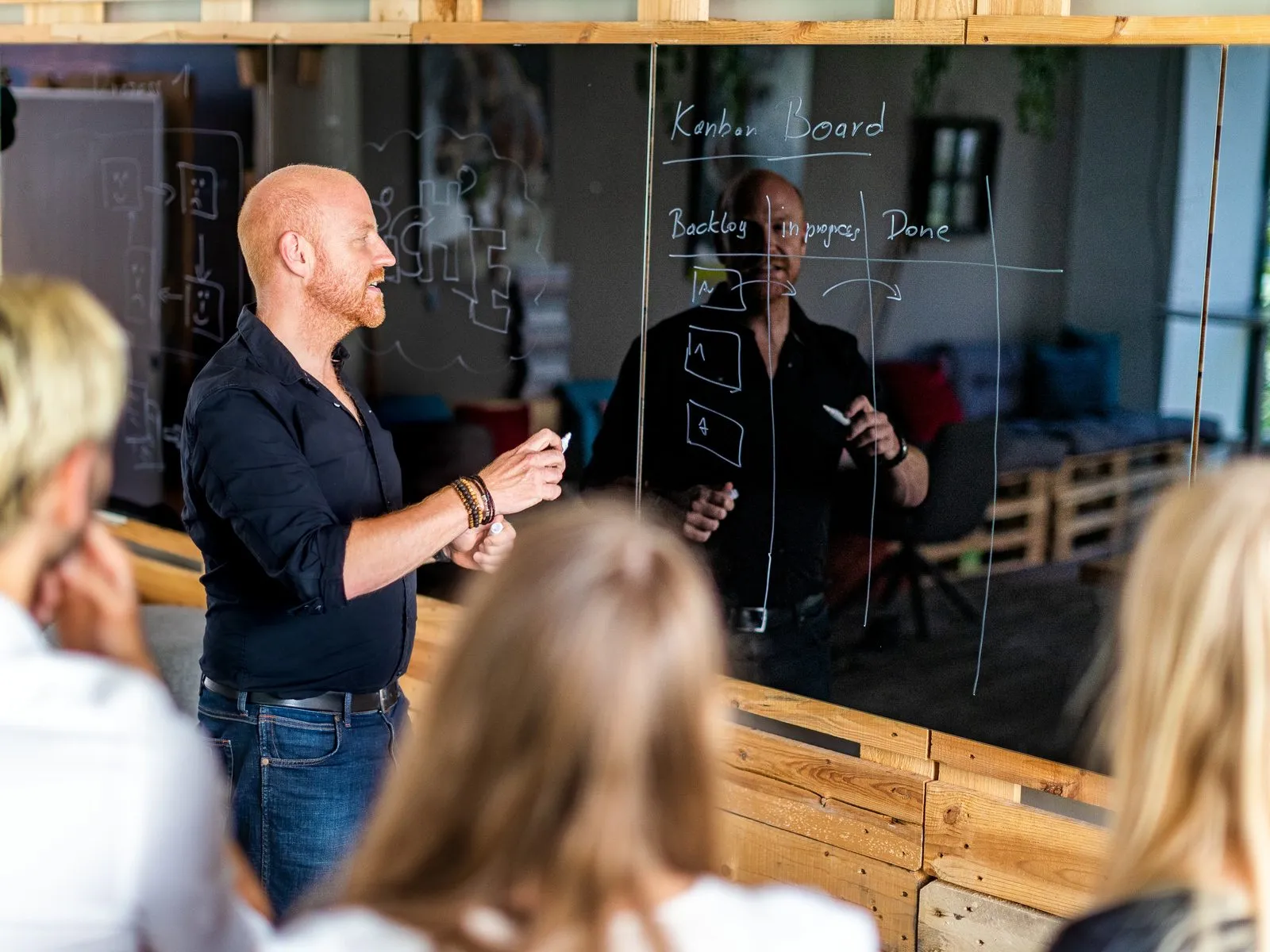 Richard Seidl als ISTQB-Foundation-Trainer mit Schulungsgruppe, klassisches Training-Setting mit Bildschirmen