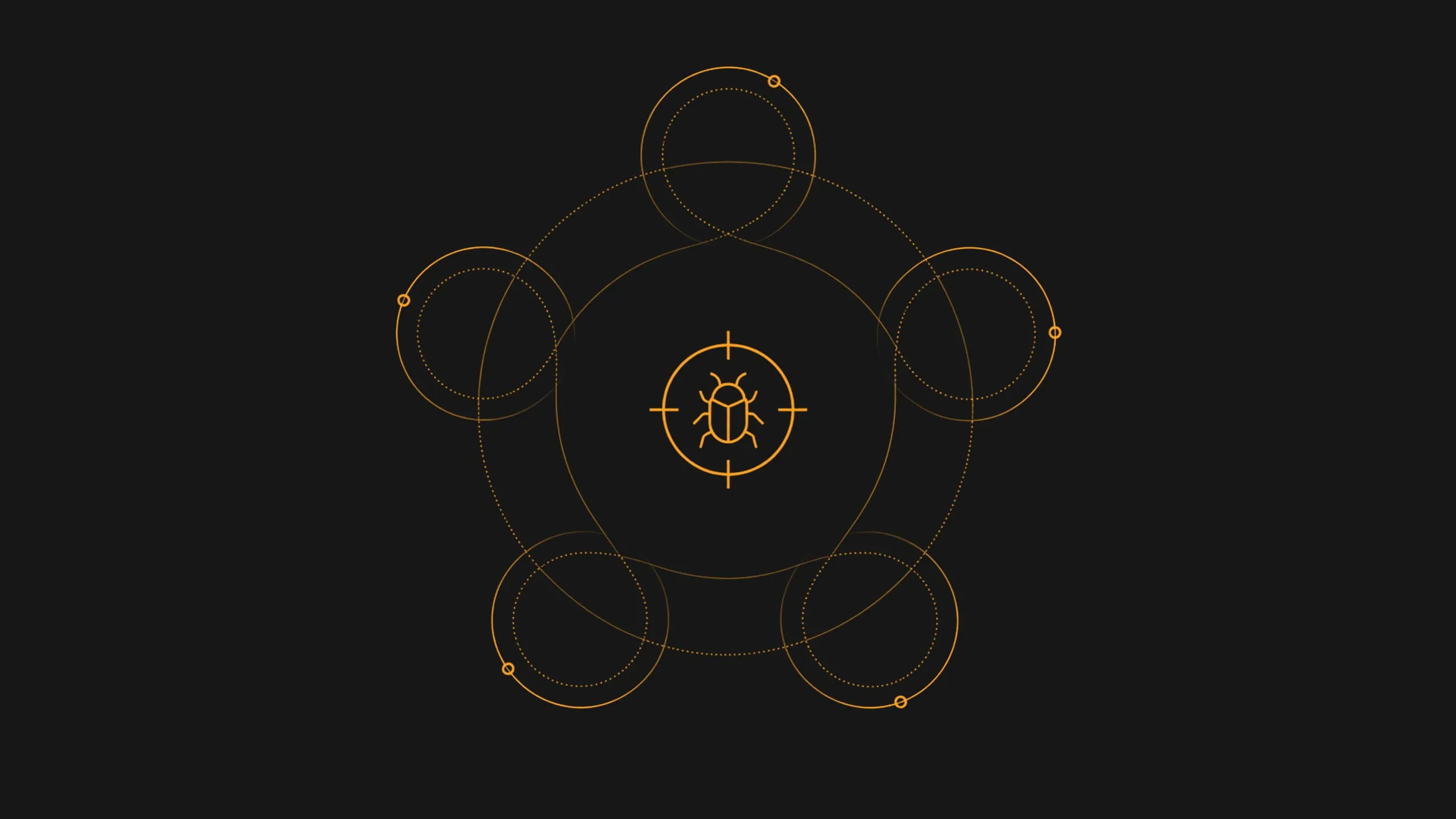 Linienzeichnung eines zentralen Gebäude-Symbols, von dem feine Linien zu zahlreichen kleinen Zahnrädern entlang einer geschwungenen Bahn ausstrahlen.